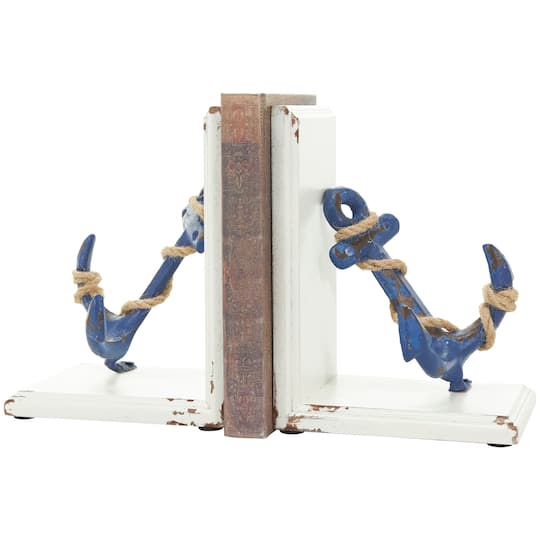 8&#x22; Blue Wood Anchor Distressed Bookends with Rope Accents &#x26; White Wood Stands Set